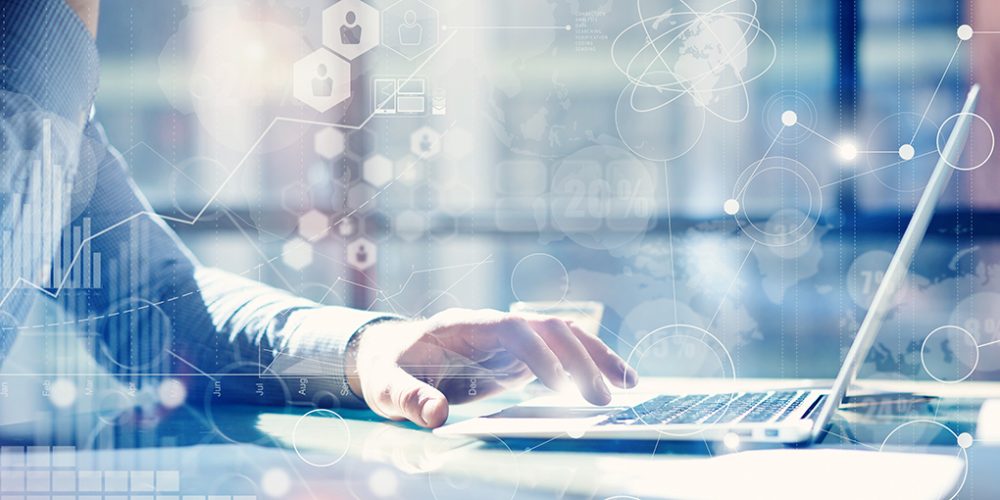 Man Typing Keyboard Laptop Hand.Project Manager Researching Process.Business Team Working Startup modern Office.Global Strategy Virtual Icon.Innovation Graphs Interfaces.Analyze market stock.Blurred