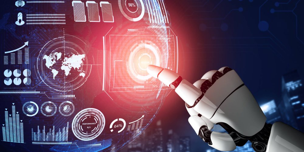 XAI 3D Rendering futuristische Robotertechnologie-Entwicklung, künstliche Intelligenz-KI und maschinelles Lernkonzept. Globale robotische bionische Forschung für die Zukunft des menschlichen Lebens.